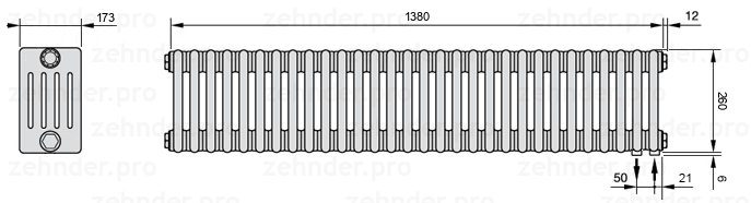 Схема (чертеж) Радиатор Zehnder Charleston 5026/30 №5510 Белый глянцевый RAL 9016